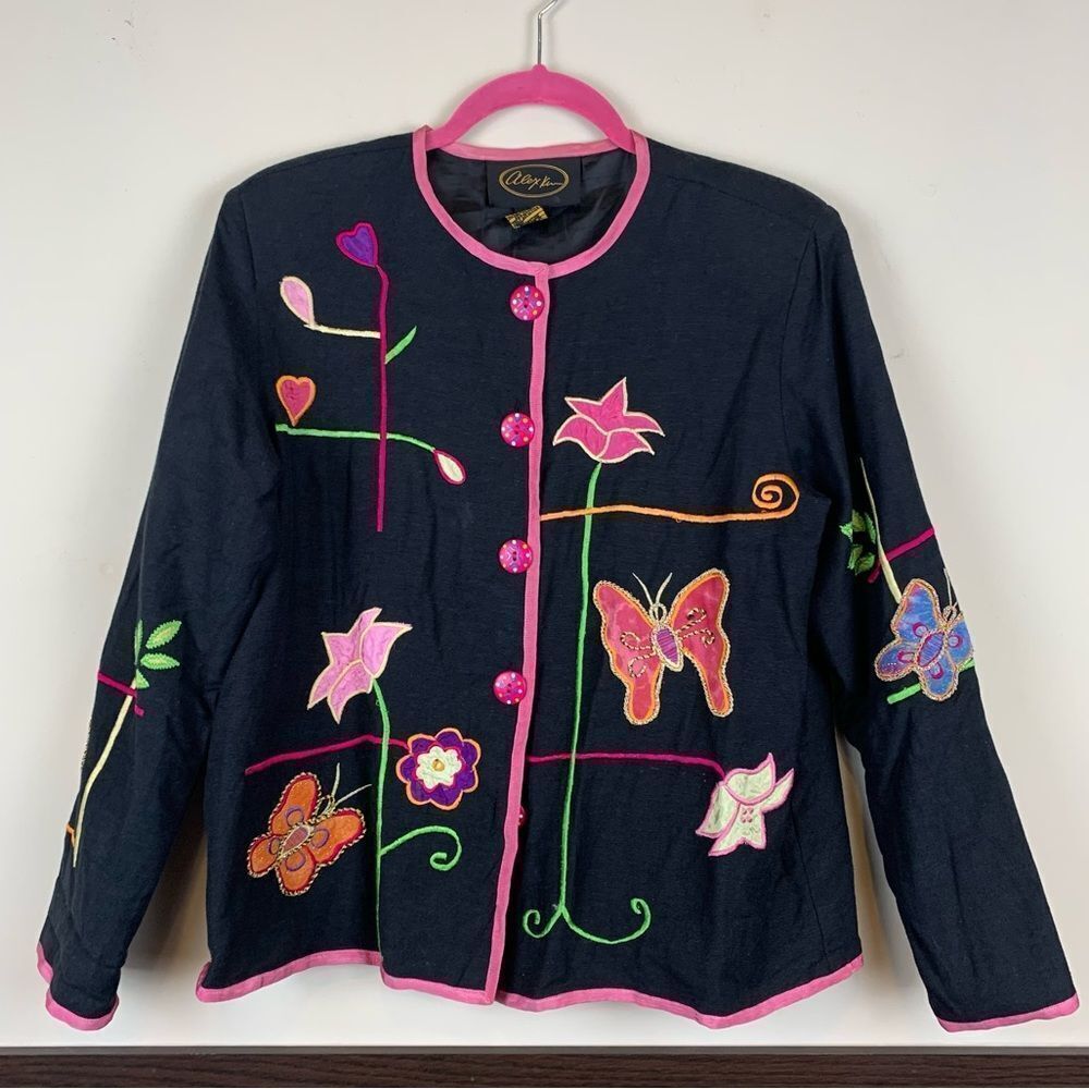 Vintage Alex Kim Black Floral Butterfly Embroidered Jacket Medium